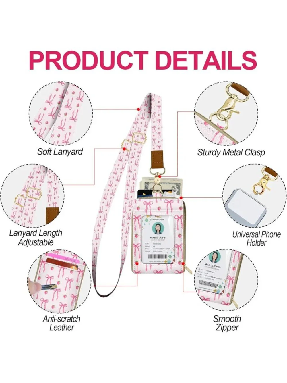 Adorable Pink Bow Strawberry Lanyard Wallet | RFID ID Holder & Card Case for